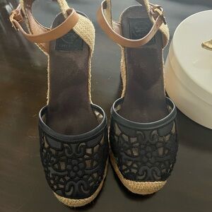 Tory Burch Navy and Tan Espadrille Sandals